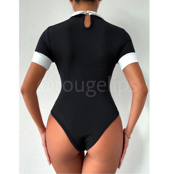 Contrast White Collar Black Rib-Knit Short Sleeve Bodysuit - Picture 5 of 8
